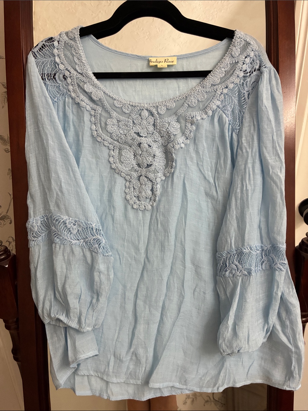 Vintage-Inspired Light Blue Lace-Detail Peasant Blouse
